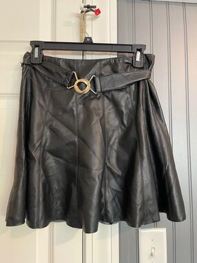 House of Harlow 1960 Black Faux Leather A-Line Skirt with Gold Ring Detail
